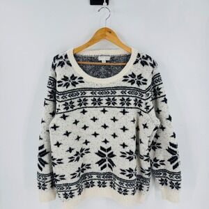 Barefoot Dreams CozyChic Snowflake Print Pullover Sweater 1X Cream Black‎
